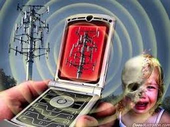 Illustration of a mobile phone transmitting radiation beside a distressed child